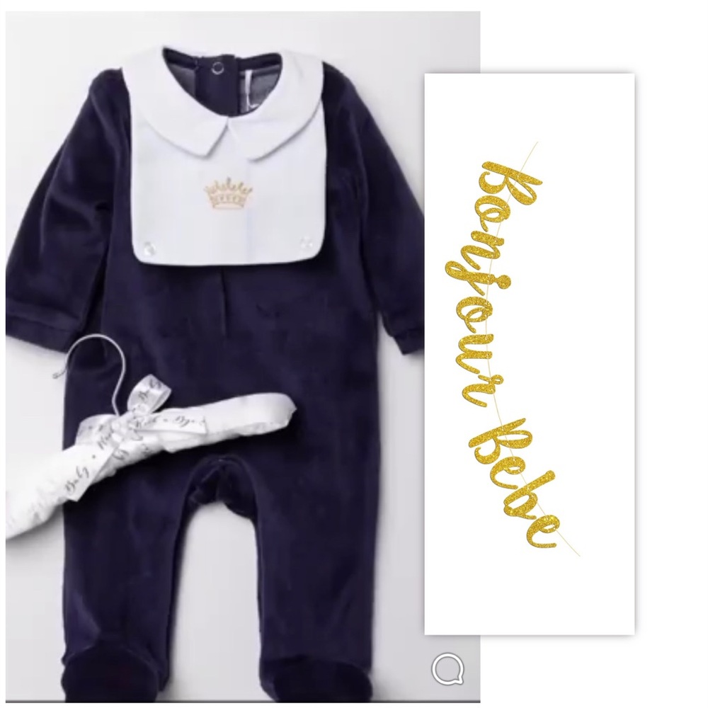 Bonjour Bebe Navy Velour One Piece Romper With Bib
